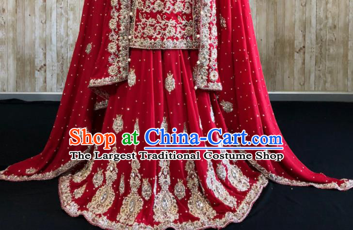 South Asia Pakistan Court Muslim Bride Red Embroidered Dress Traditional Pakistani Hui Nationality Islam Wedding Costumes for Women