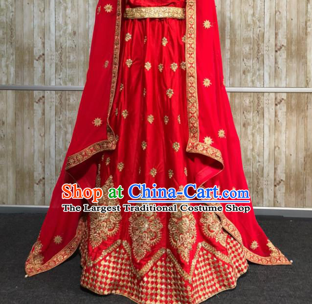 South Asia Pakistan Muslim Bride Red Embroidered Dress Traditional Pakistani Hui Nationality Islam Wedding Costumes for Women