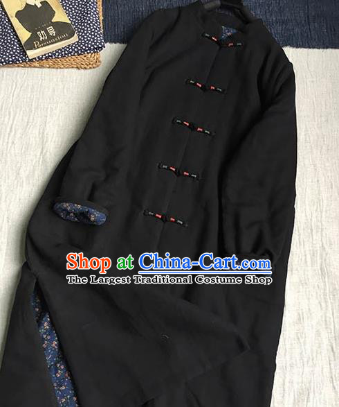 Chinese Traditional Tang Suit Black Cotton Padded Coat National Greatcoat Costume for Women