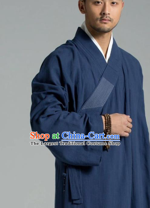 Traditional Chinese Monk Costume Buddhists Navy Linen Long Robe for Men