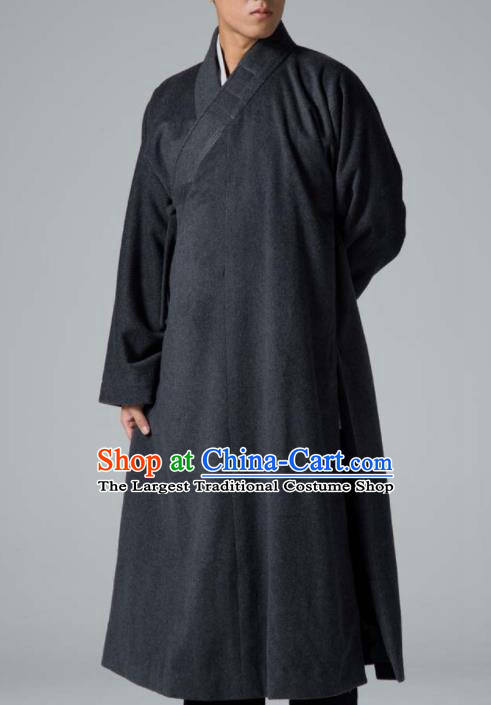 Traditional Chinese Monk Costume Buddhists Deep Grey Woolen Long Robe for Men
