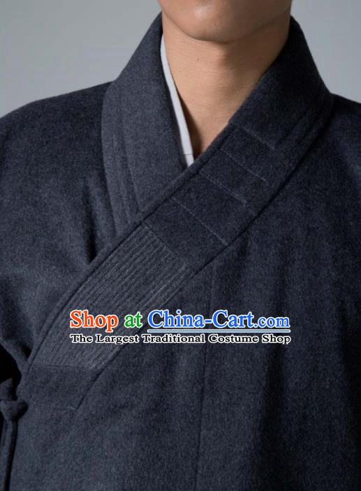 Traditional Chinese Monk Costume Buddhists Deep Grey Woolen Long Robe for Men