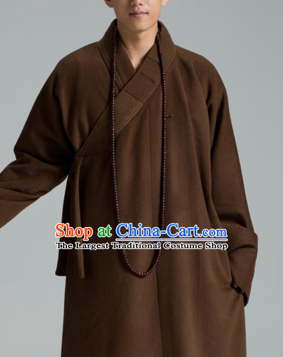 Traditional Chinese Monk Costume Buddhists Abbot Brown Woolen Gown for Men