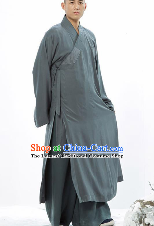 Traditional Chinese Monk Costume Buddhists Atrovirens Long Robe for Men