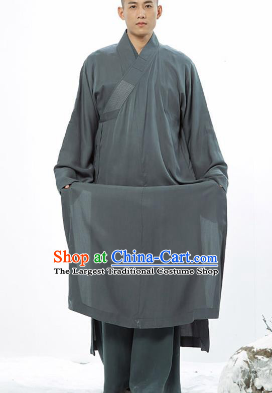 Traditional Chinese Monk Costume Buddhists Atrovirens Long Robe for Men