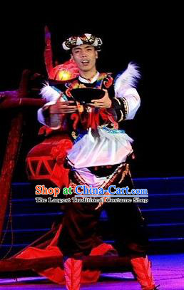 Phoenix Flying Qiang Dance Traditional Chinese Qiang Ethnic Minority Dance Costumes and Headwear for Men