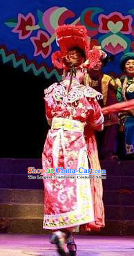 Phoenix Flying Qiang Dance Traditional Chinese Qiang Ethnic Minority Dance Wedding Red Dress and Headwear for Women
