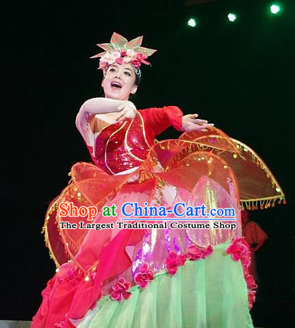 Phoenix Flying Qiang Dance Traditional Chinese Folk Dance Red Dress and Headwear for Women