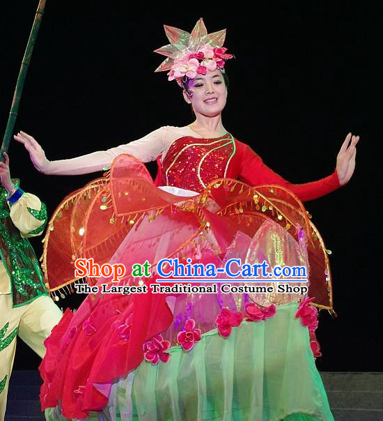 Phoenix Flying Qiang Dance Traditional Chinese Folk Dance Red Dress and Headwear for Women