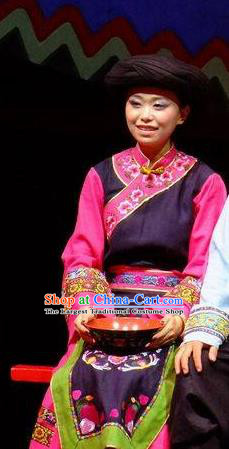 Phoenix Flying Qiang Dance Traditional Chinese Qiang Nationality Dance Purple Dress and Headwear for Women