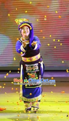 Phoenix Flying Qiang Dance Traditional Chinese Qiang Ethnic Minority Dance Blue Dress and Headwear for Women