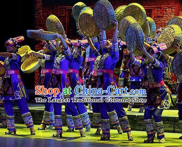 Phoenix Flying Qiang Dance Traditional Chinese Qiang Ethnic Minority Dance Blue Costume and Headwear for Women
