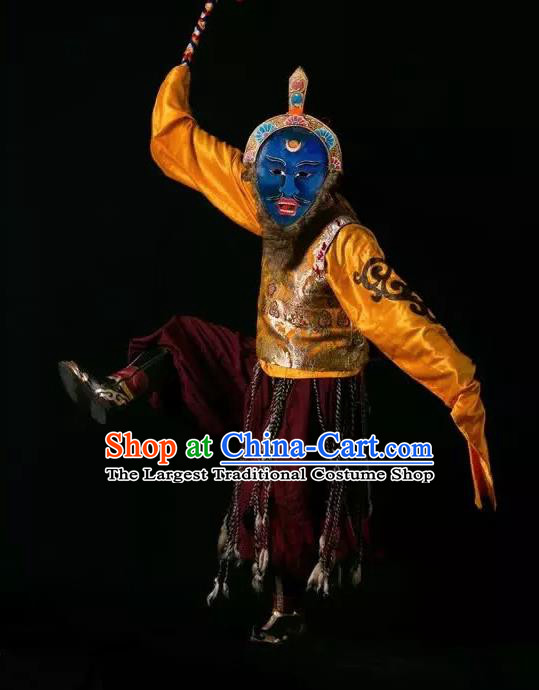 Lang SaWenBo Traditional Chinese Zang Nationality Shaman Stage Performance Golden Costumes and Headwear for Men