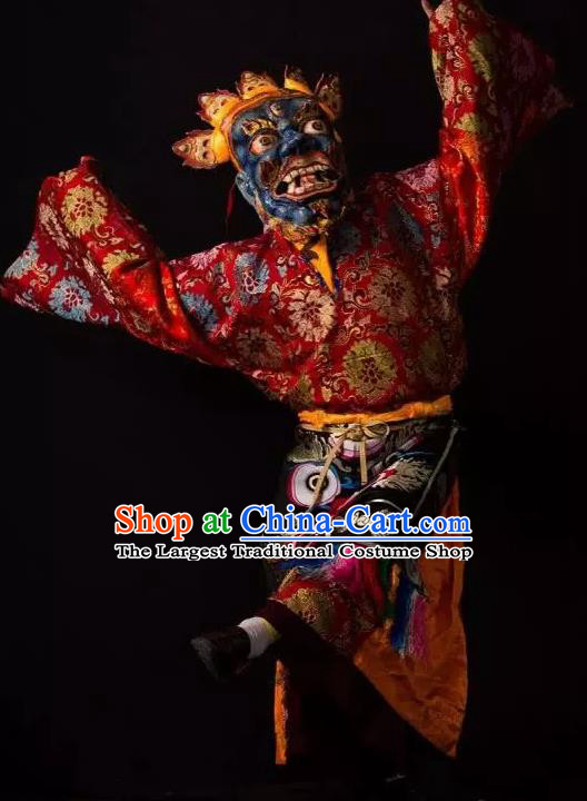 Lang SaWenBo Traditional Chinese Zang Nationality Shaman Stage Performance Red Costumes and Headwear for Men
