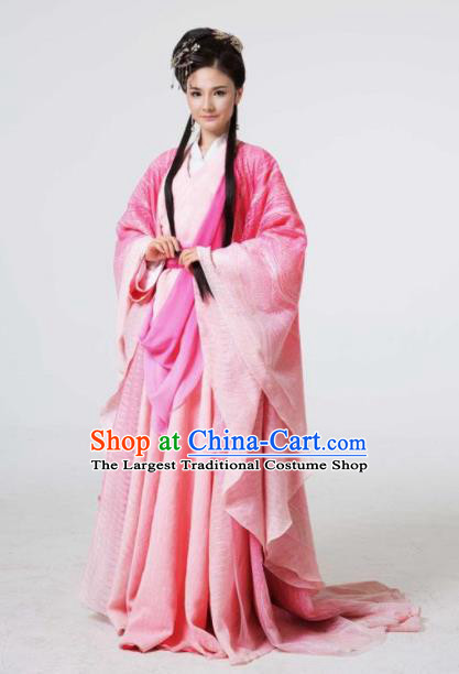 The Book of Songs Cai Wei Traditional Chinese Classical Dance Princess Pink Dress Stage Show Costume and Headdress for Women