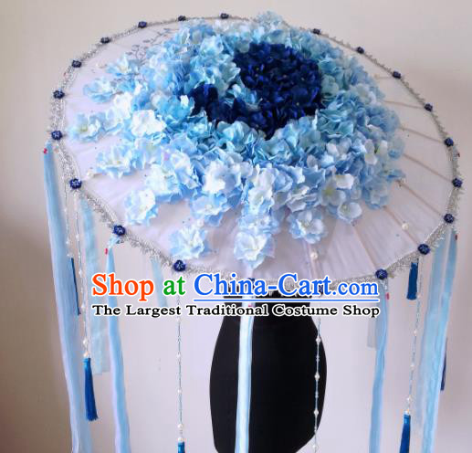 Traditional Chinese Classical Blue Flowers Umbrella Ancient Hanfu Tassel Umbrellas for Women