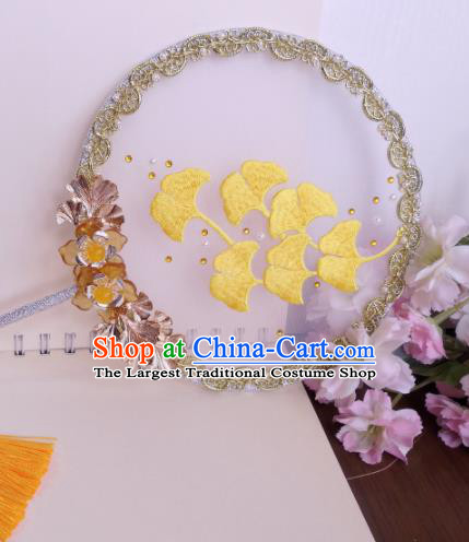 Traditional Chinese Classical Embroidered Ginkgo Silk Palace Fans Hanfu Bride Round Fan for Women