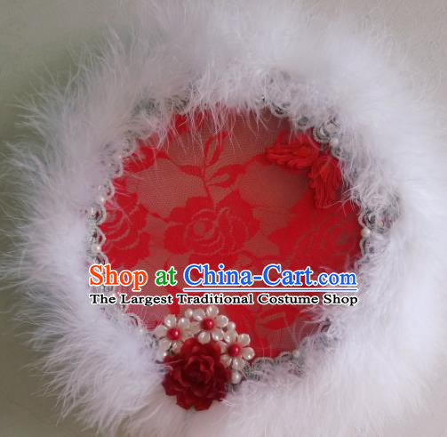 Traditional Chinese Classical White Feather Palace Fans Hanfu Bride Round Fan for Women