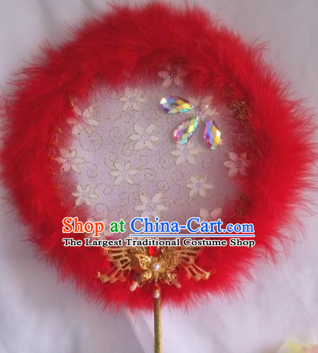 Traditional Chinese Classical Red Feather Palace Fans Hanfu Bride Round Fan for Women