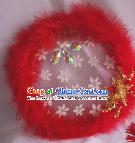 Traditional Chinese Classical Red Feather Palace Fans Hanfu Bride Round Fan for Women