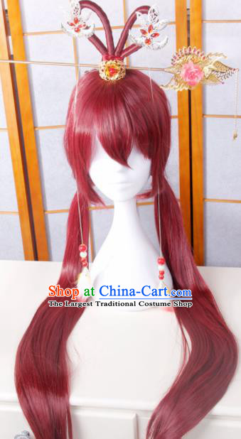 Traditional Japanese Cosplay Fairy Red Wigs and Hair Accessories for Women