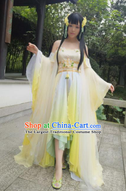 Chinese Cosplay Princess Yellow Dress Ancient Female Swordsman Heroine Costume for Women