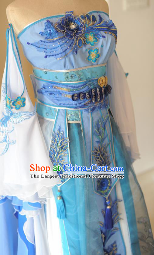 Chinese Cosplay Tang Dynasty Princess Blue Dress Ancient Female Swordsman Heroine Costume for Women