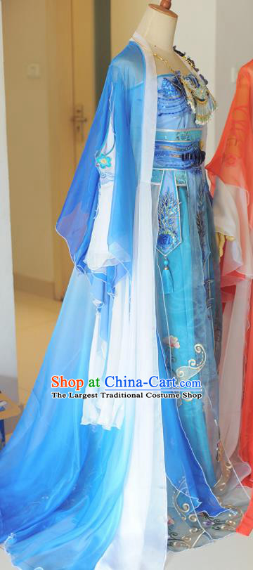 Chinese Cosplay Tang Dynasty Princess Blue Dress Ancient Female Swordsman Heroine Costume for Women