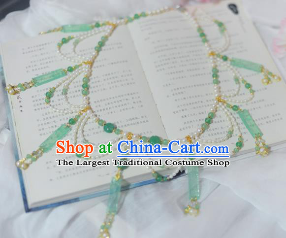 Traditional Chinese Hanfu Green Jade Pearls Necklace Ancient Princess Tassel Necklet Accessories for Women