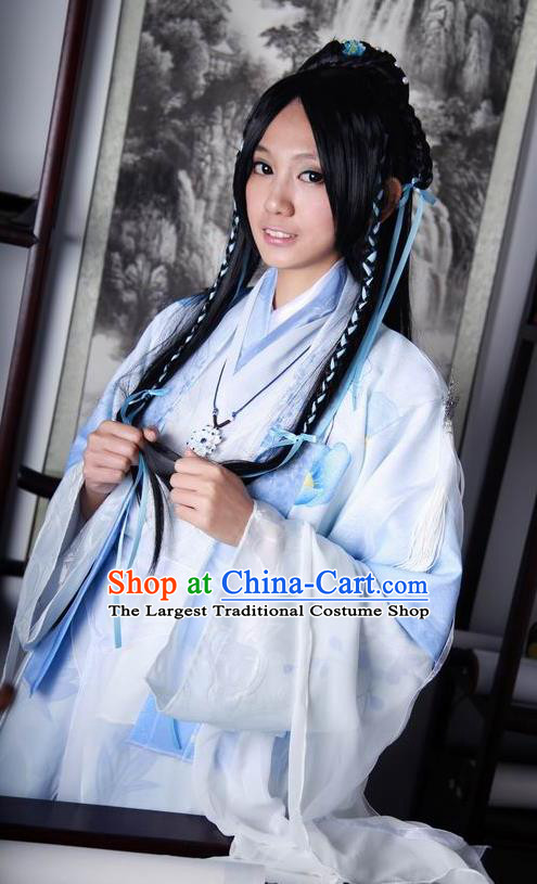 Traditional Chinese Cosplay Female Swordsman Blue Dress Ancient Princess Costume for Women