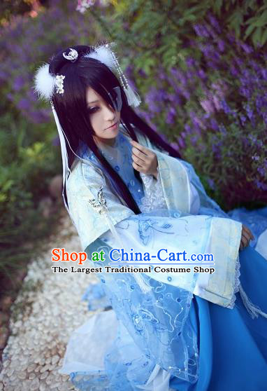 Traditional Chinese Cosplay Female Knight Swordsman Blue Dress Ancient Princess Costume for Women