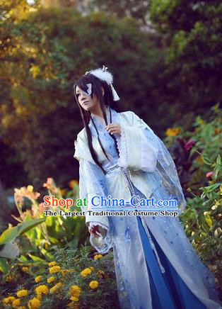Traditional Chinese Cosplay Female Knight Swordsman Blue Dress Ancient Princess Costume for Women