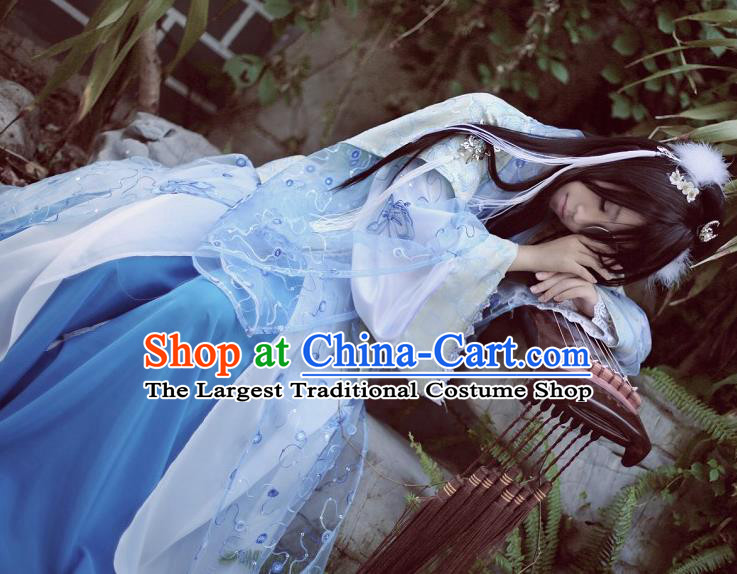 Traditional Chinese Cosplay Female Knight Swordsman Blue Dress Ancient Princess Costume for Women