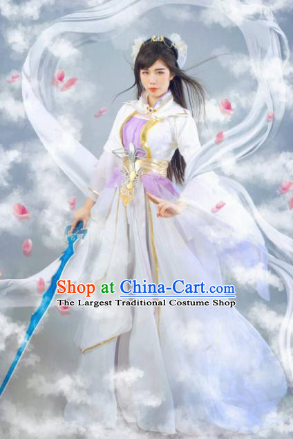Chinese Tang Dynasty Female Swordsman White Dress Ancient Princess Peri Costume for Women