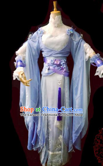 Chinese Cosplay Heroine Female Swordsman Blue Dress Ancient Princess Peri Costume for Women