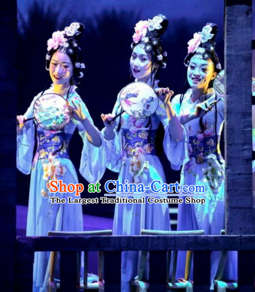 Chinese Drama Dragon Boat Festival Classical Dance Blue Dress Stage Performance Costume and Headpiece for Women