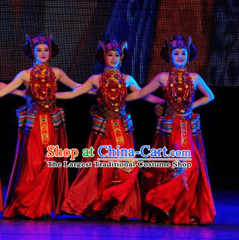 Chinese Tamrac Heaven Zang Nationality Folk Dance Red Dress Stage Performance Costume and Headpiece for Women