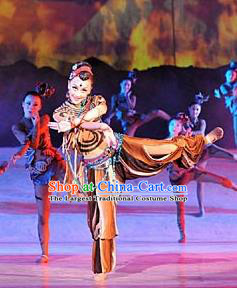 Chinese Tamrac Heaven Classical Dance Brown Dress Stage Performance Costume and Headpiece for Women