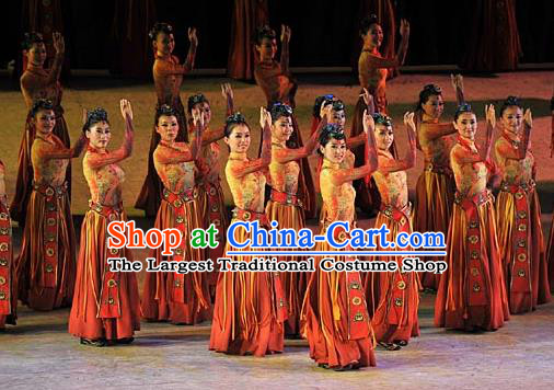 Chinese Tamrac Heaven Zang Nationality Classical Dance Dress Stage Performance Costume and Headpiece for Women