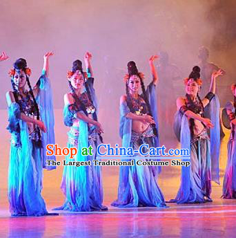 Chinese Tamrac Heaven Classical Dance Blue Dress Stage Performance Costume and Headpiece for Women