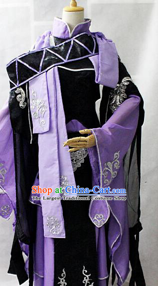 Chinese Cosplay Goddess Fairy Purple Dress Ancient Female Swordsman Knight Costume for Women