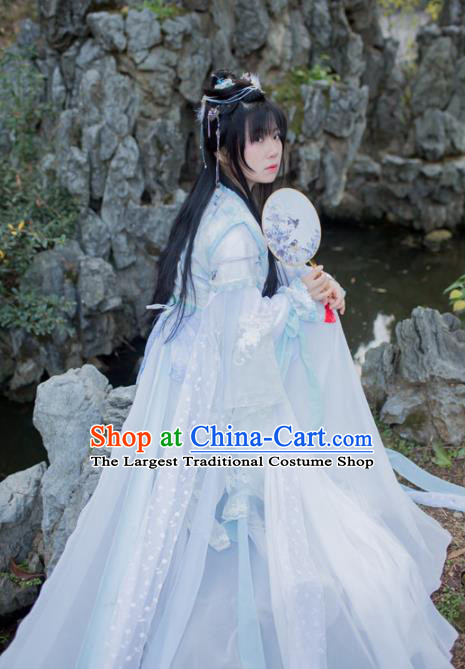 Chinese Cosplay Goddess Princess Light Blue Dress Ancient Female Swordsman Knight Costume for Women