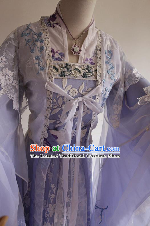 Chinese Cosplay Tang Dynasty Princess Lilac Dress Ancient Female Swordsman Knight Costume for Women