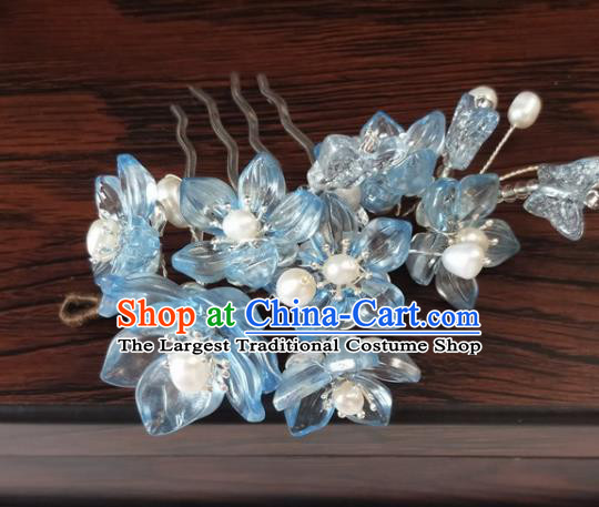 Traditional Chinese Hanfu Palace Blue Flowers Hair Comb Hairpins Ancient Princess Hair Accessories for Women