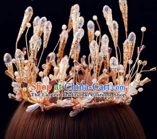 Top Grade Bride Beads Golden Round Royal Crown Handmade Wedding Hair Accessories for Women