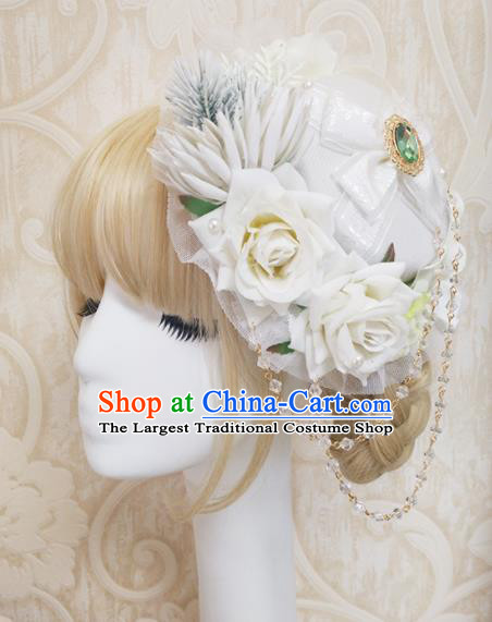 Top Grade Baroque Bride White Roses Top Hat Handmade Wedding Hair Accessories for Women