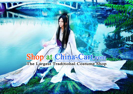 Traditional Chinese Cosplay Nobility Childe Swordsman White Clothing Ancient Prince Costume for Men