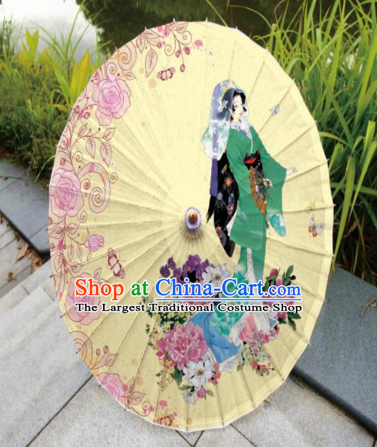 Japanese Handmade Printing Kimono Beauty Peony Yellow Oil Paper Umbrella Traditional Umbrellas