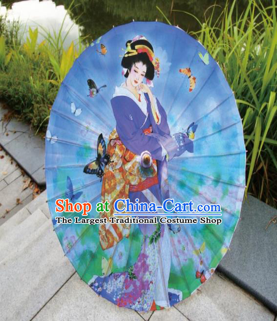 Japanese Handmade Printing Kimono Beauty Blue Oil Paper Umbrella Traditional Umbrellas