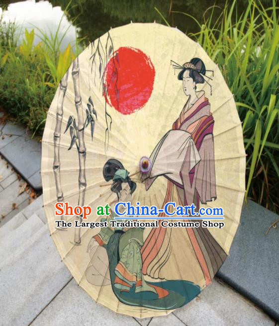 Japanese Handmade Printing Beauty Bamboo Yellow Oil Paper Umbrella Traditional Umbrellas